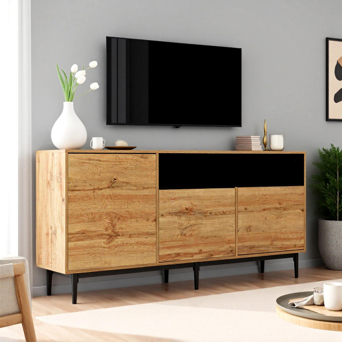 SIDEBOARD Schwarzer mit Türen und offenen Regalen, 160/35/76cm - Eichefarben, Holzwerkstoff/Metall (160/76/35cm) - Urban Meuble