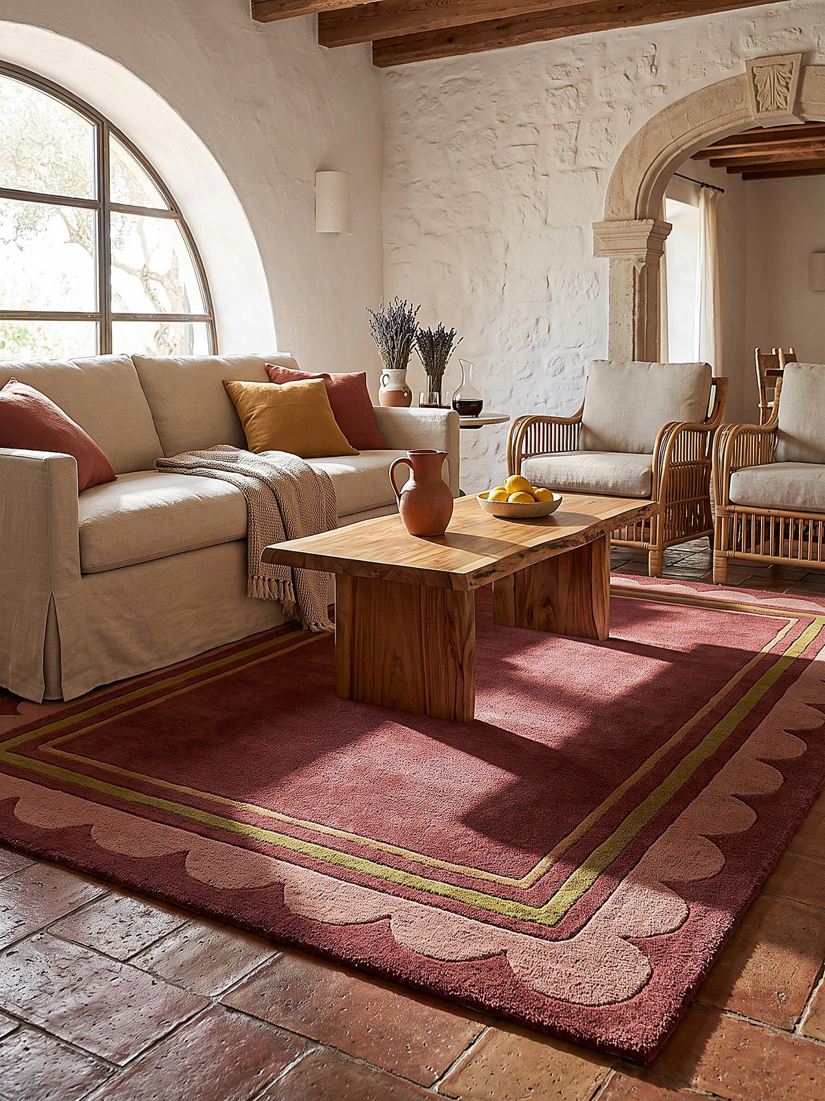 WOLLTEPPICH handgetuftet WENSUM, Scallop-Bordüre, Beerenrot, 120 x 170 cm - Rot, Textil (120/170cm) - KADIMA DESIGN