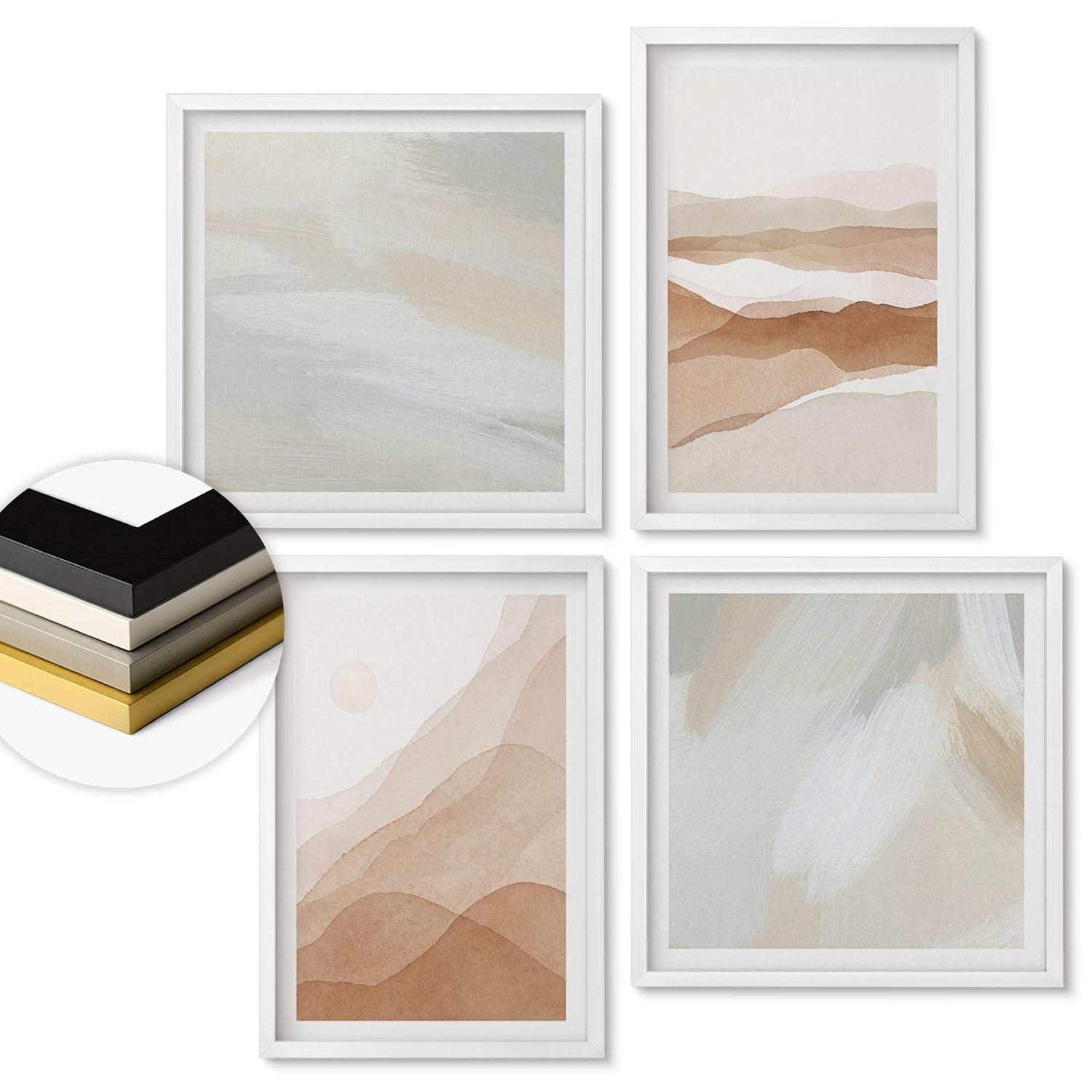 WANDBILDER 4er-Set - 50x50 cm & 40x60 cm Weißer Rahmen - Abstrakte braune Landschaften - Weiß, Kunststoff (50/50cm) - ArtPrintCave