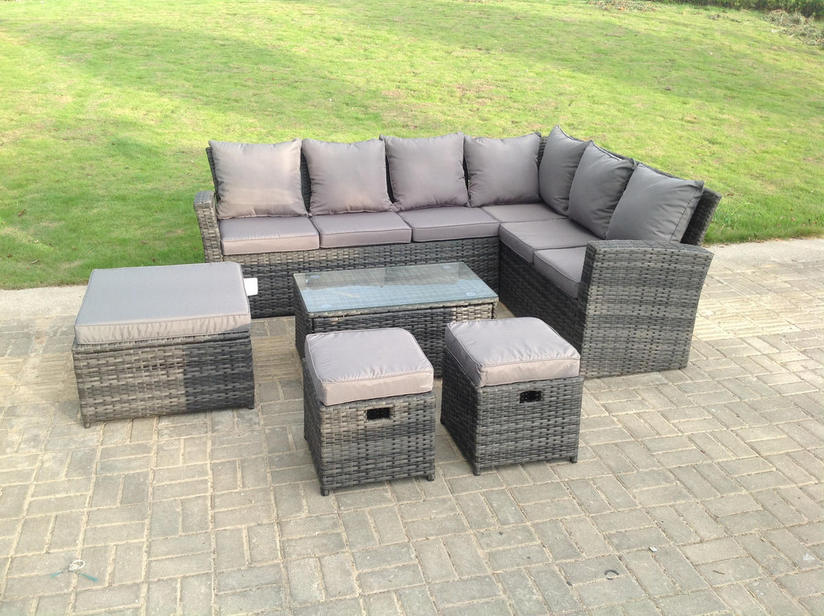 GARTENTISCHGRUPPE Polyrattan 9-Sitzer - Dunkelgrau/Grau, Glas/Kunststoff - Fimous