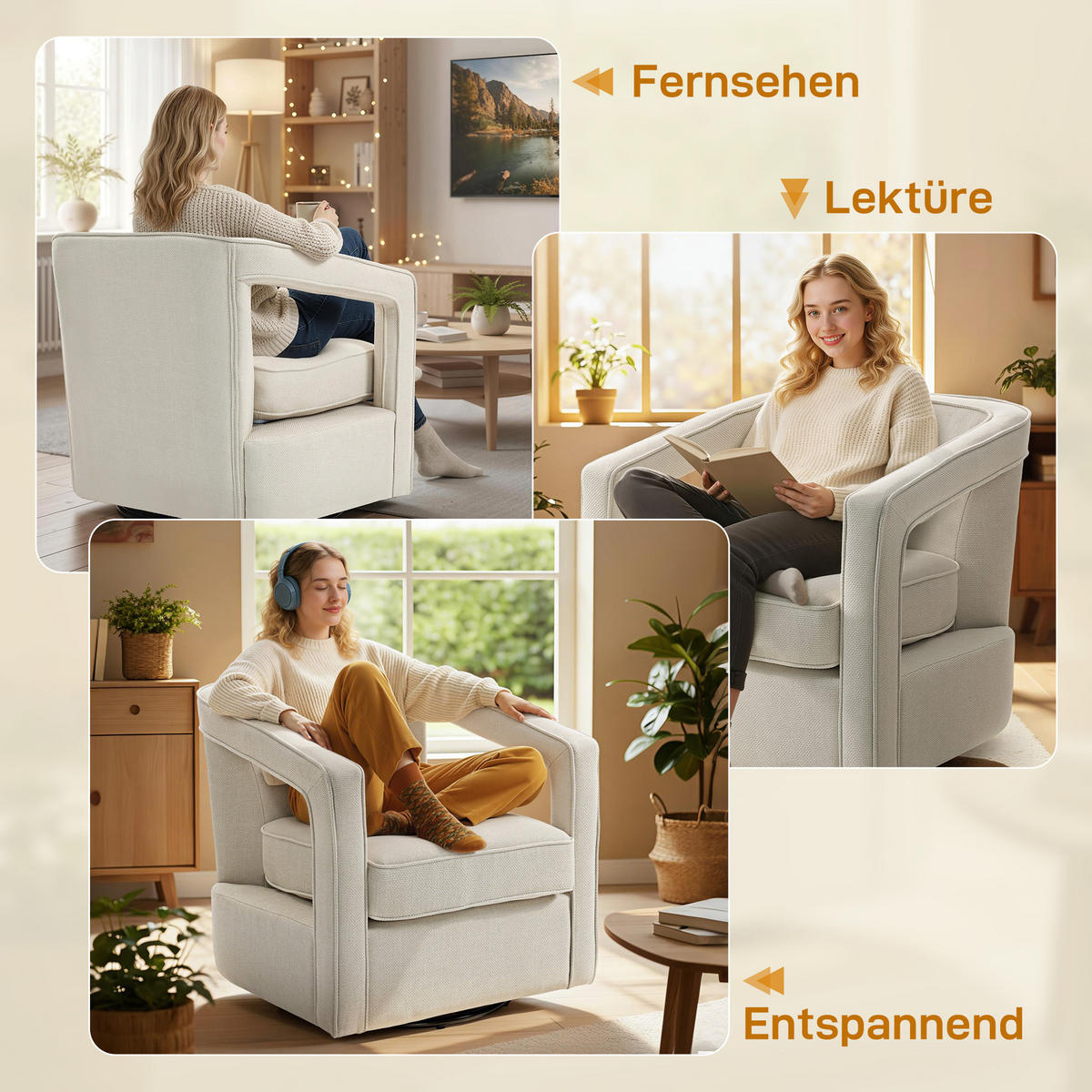 SESSEL DE-06569 360° drehbar, Loungesessel, einteilige Rücken- und Armlehnen Beige - Beige, Textil/Metall (75/72/77cm) - ComfortXL