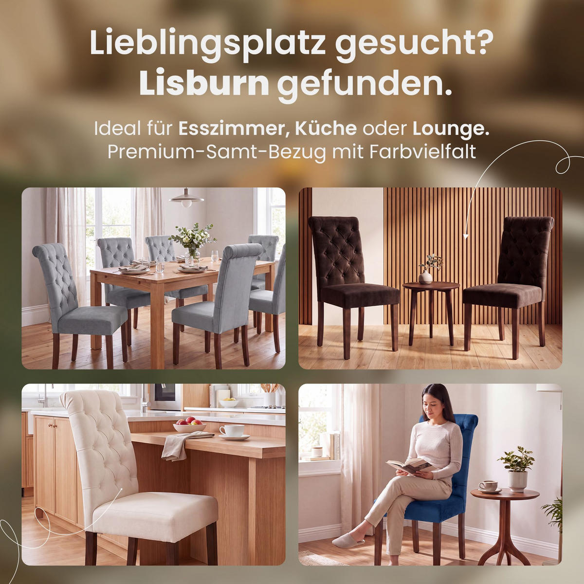 STUHL 2er Set Samt creme - Walnussfarben/Creme, Holz/Textil (45/98/63cm) - CLP
