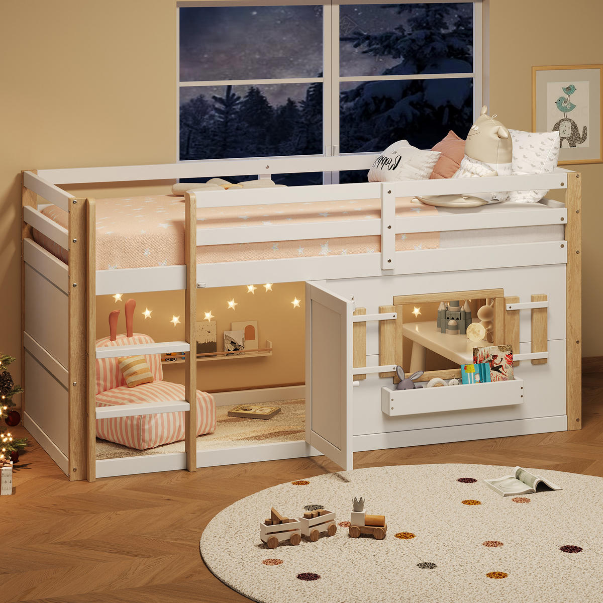 ETAGENBETT 90/200 cm in Weiß Kinderbett mit Leiter und Spielfläche aus Massivholz - Weiß, Holzwerkstoff (90/200cm) - STILVORA