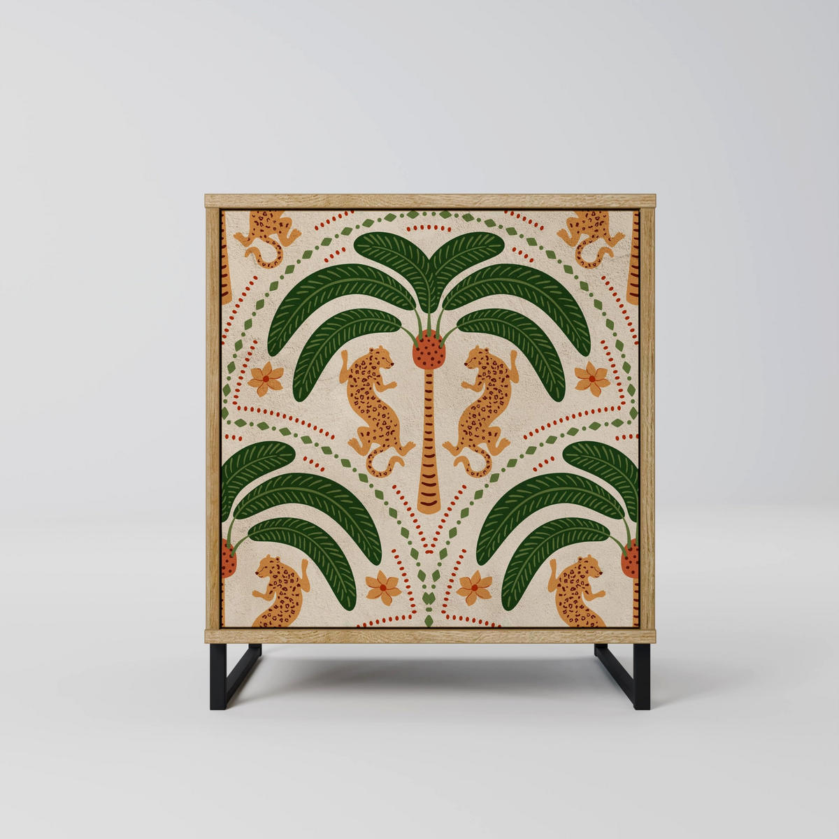 SIDEBOARD DANCING PREDATORS, Eichefarben, 57,5x42x77,5 cm, Schräge Buchenholzfüße - Eichefarben/Buchefarben, Holzwerkstoff/Buchenholz (57.5/77.5/42cm) - SpaceRebels
