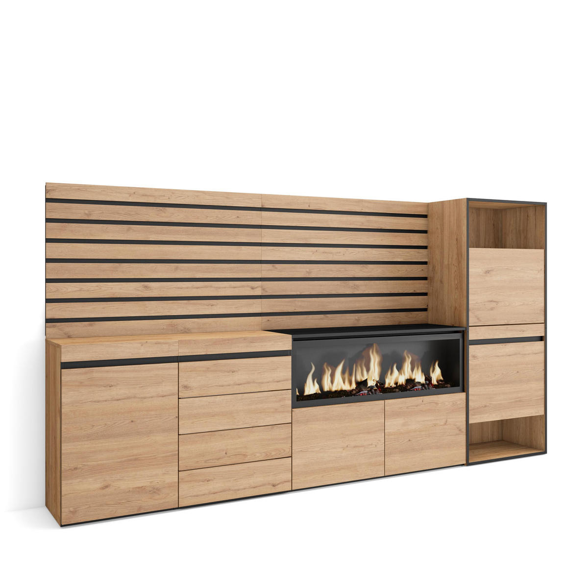 WOHNWAND mit Elektrokamin, eiche, 274/35/145cm - Eichefarben, Holzwerkstoff (274/145/35cm) - Skraut Home