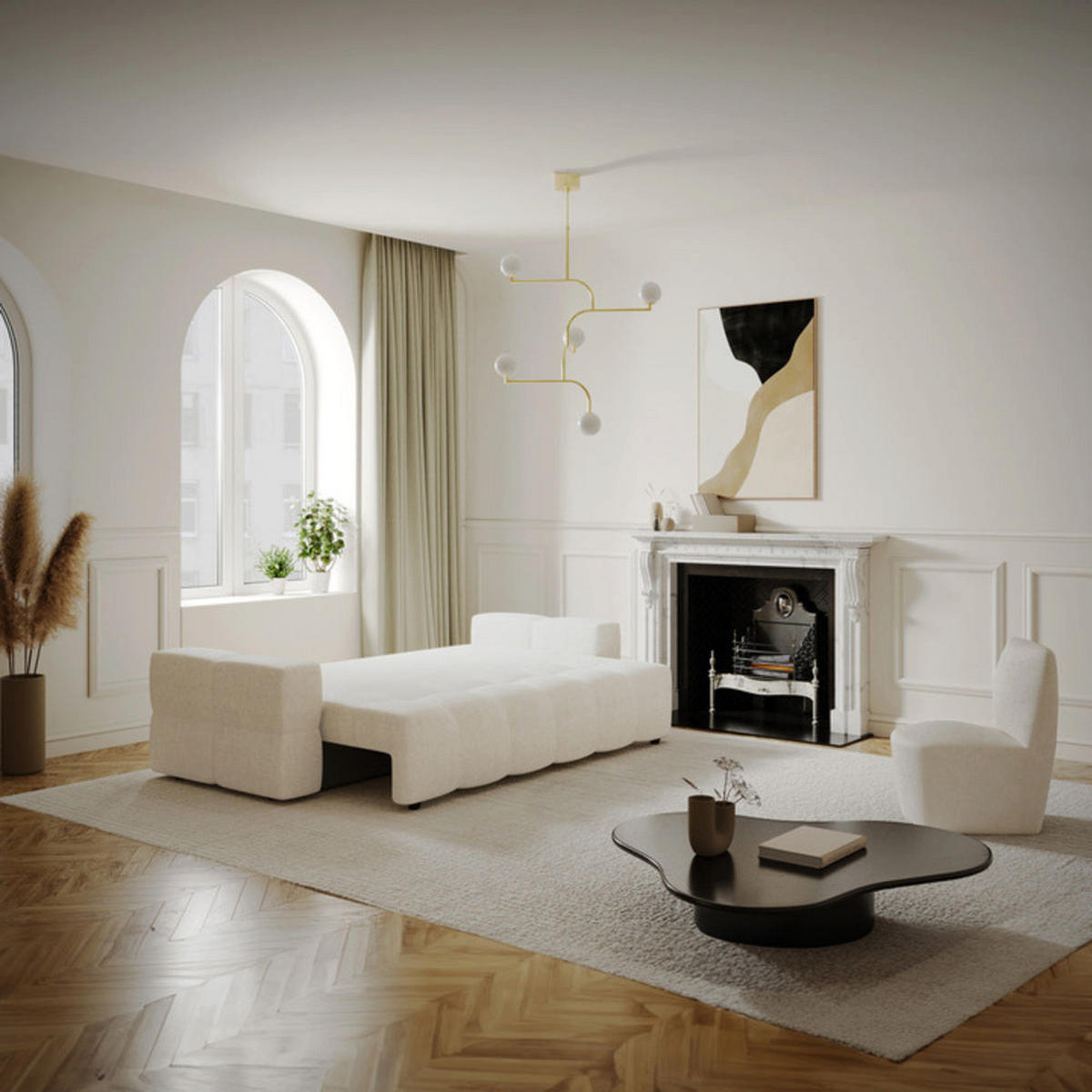 SCHLAFSOFA GERADE Bouclé-Stoff Creme 247cm - Creme, Textil (247/90/102cm) - Sia Home
