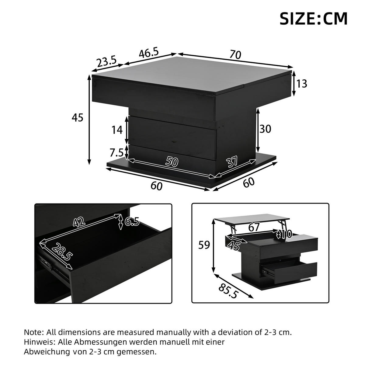 COUCHTISCH aus Spanplatte 70x70x45 cm Schwarz mit drehbarer, höhenverstellbarer Platte und verstecktem Stauraum - Schwarz, Holzwerkstoff (70/70/45cm) - Modfu