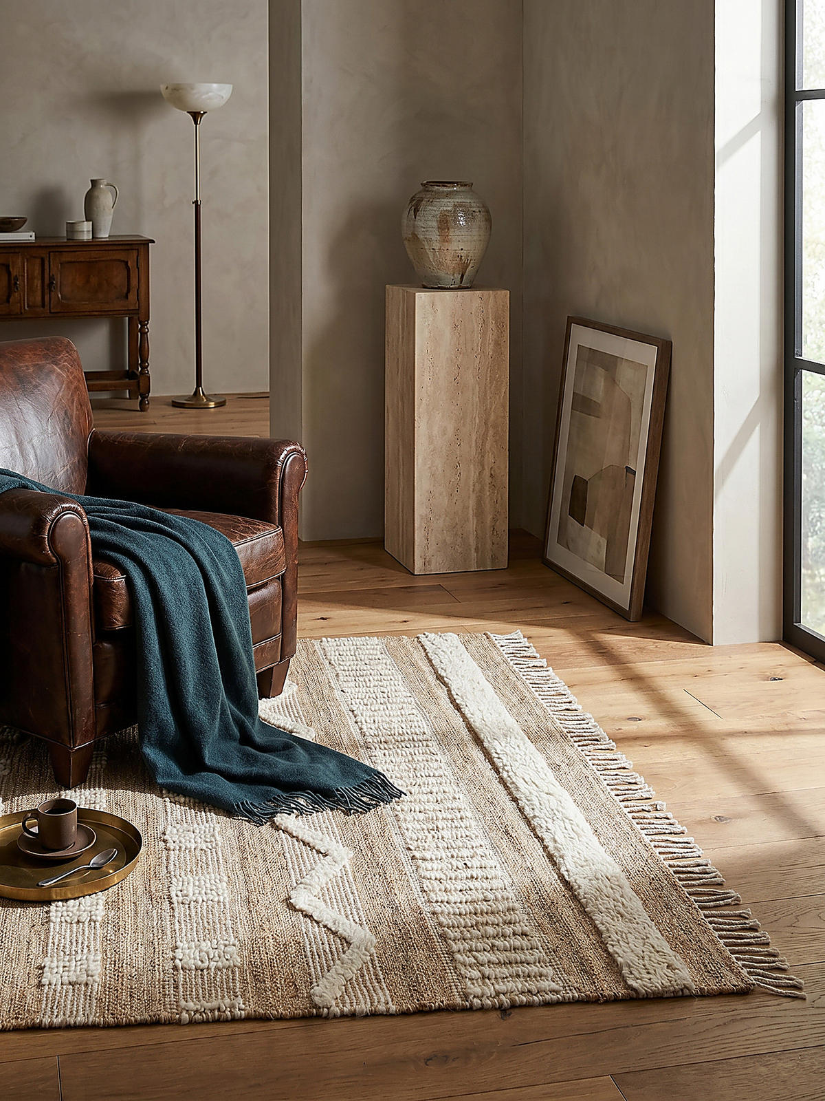 TEPPICH Hoch-Tief Struktur Gestreift, Ethno-Stil, mit Fransen wendbar, Esszimmer Natur-Weiß Rechteckig 160x230 - Weiß, Textil (230/160cm) - KADIMA DESIGN