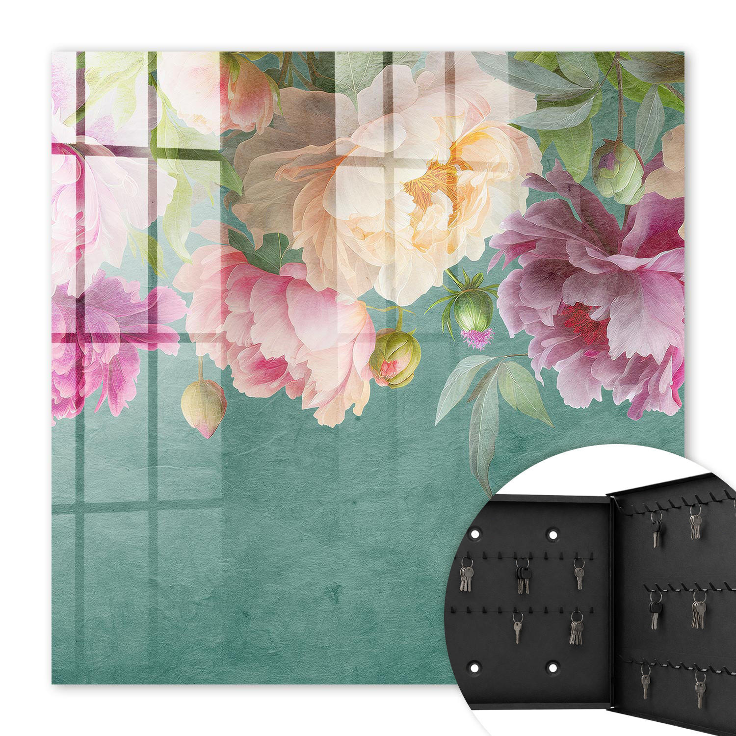 SCHLÜSSELBOX Schwarz 30x30 cm- Türöffnung nach rechts - Florale Eleganz - Grün, Metall (30/30/5cm) - TULUP
