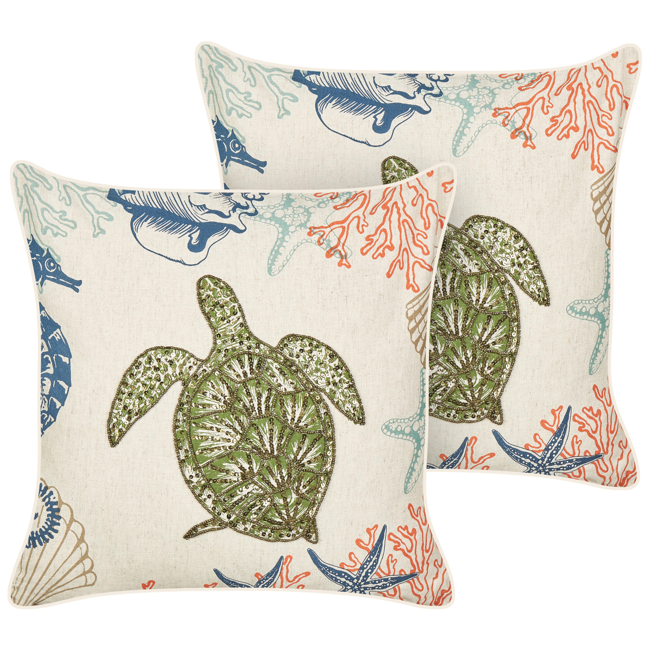 DEKOKISSEN 2er-Set Beige 45/45 cm Algae - Blau/Beige, Textil (45/45cm) - Beliani