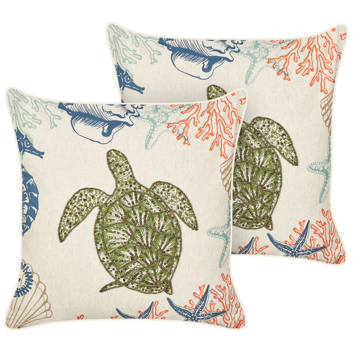 DEKOKISSEN 2er-Set Beige 45/45 cm Algae - Blau/Beige, Textil (45/45cm) - Beliani