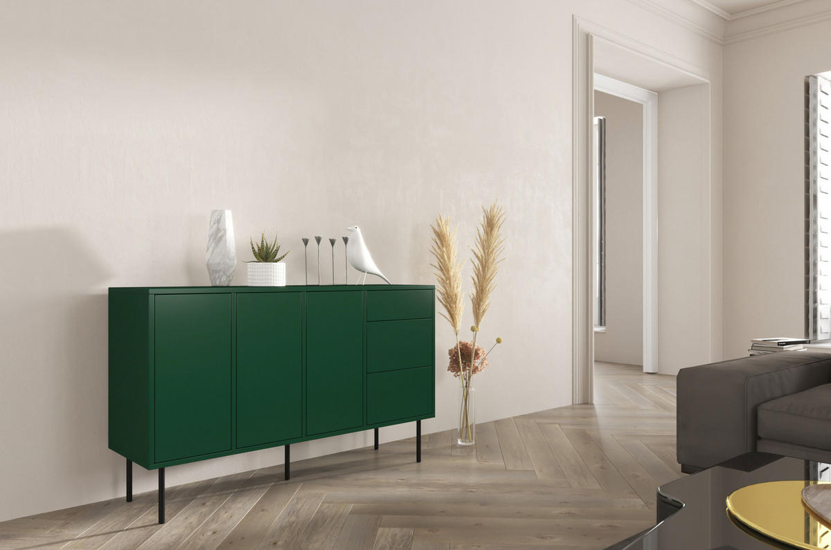 SIDEBOARD Mirka, Grün, Push to Open System, Minimalistisch - Dunkelgrün/Schwarz, Holzwerkstoff/Metall (130/80/40cm) - Dancan