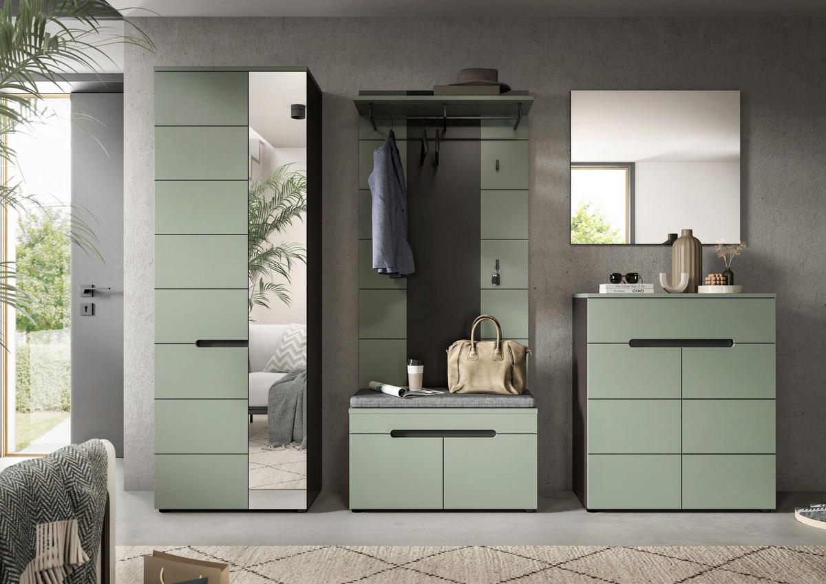 GARDEROBE inkl. Sitzkissen Nova 6 - tlg. (B/H/T: ca. 255/190/37 cm) in Basalt grau/Smoke Green - Grau, Holzwerkstoff (255/190/37cm)