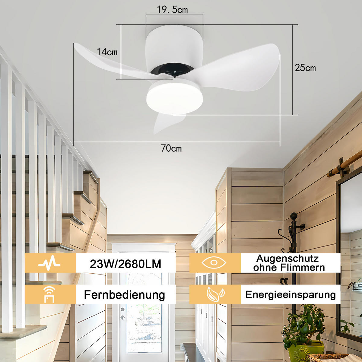 DECKENVENTILATOR Pyndar 70/70/25 cm - Weiß, Metall (70/70/25cm) - ZMH