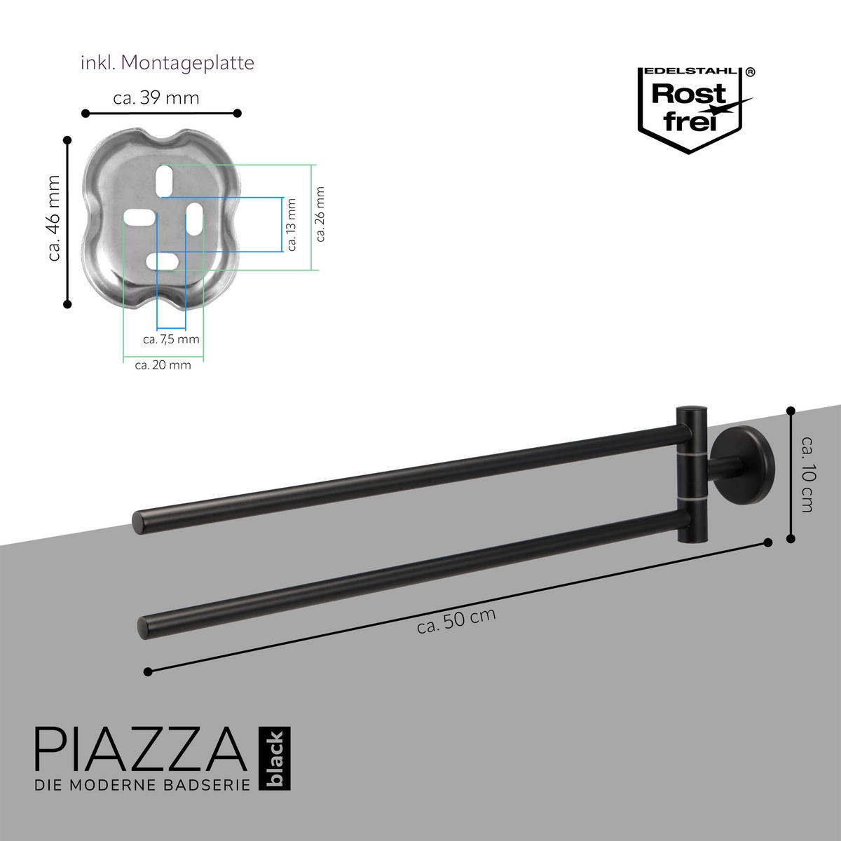 HANDTUCHSTANGE PIAZZA BLACK, schwarz, inkl. Klebeset - Schwarz, Metall (5.8/10/50cm) - bremermann