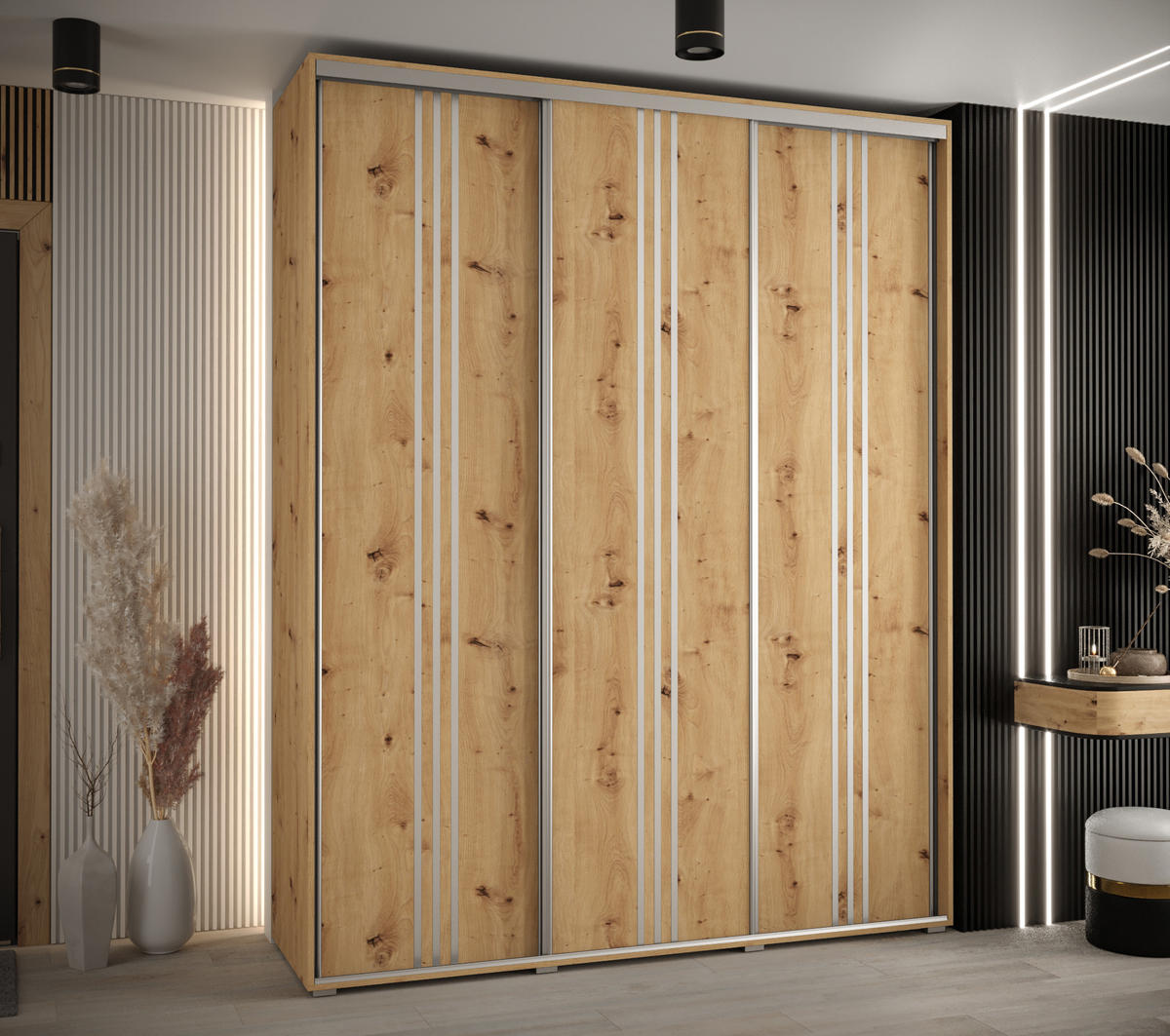 SCHWEBETÜRENSCHRANK 235,2/190/60 3-türig - Silberfarben/Eiche Artisan, Holz/Metall (190/235/60cm) - Abiks Möbel