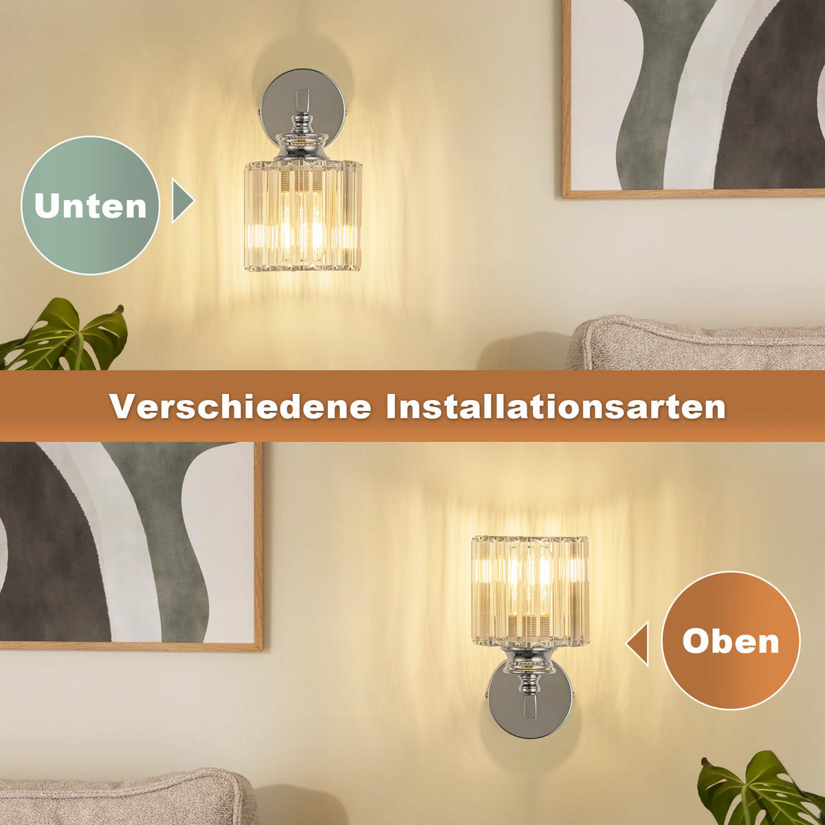 WANDLEUCHTE Falyn 13.6/13.6/23 cm - Chromfarben, Glas/Metall (13.6/23/13.6cm) - ZMH