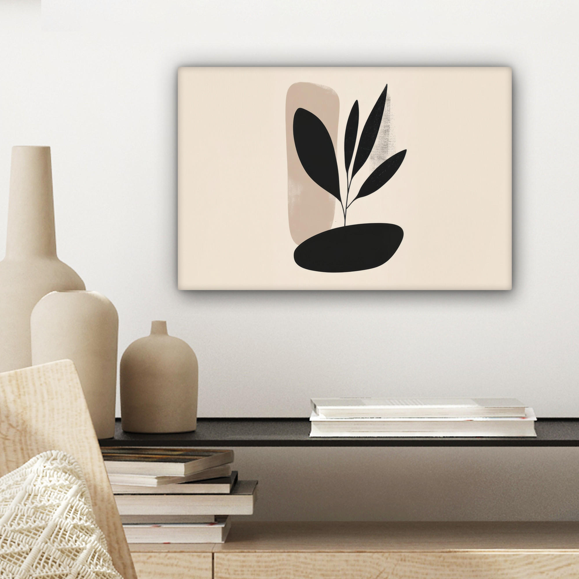LEINWANDBILD Pflanze - Beige - Japanisch 30x20 cm - Schwarz, Textil (30/20cm) - MuchoWow