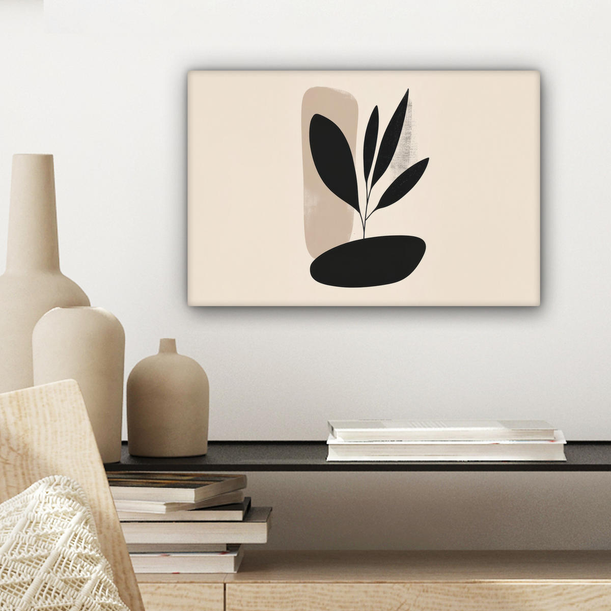 LEINWANDBILD Pflanze - Beige - Japanisch 30x20 cm - Schwarz, Textil (30/20cm) - MuchoWow