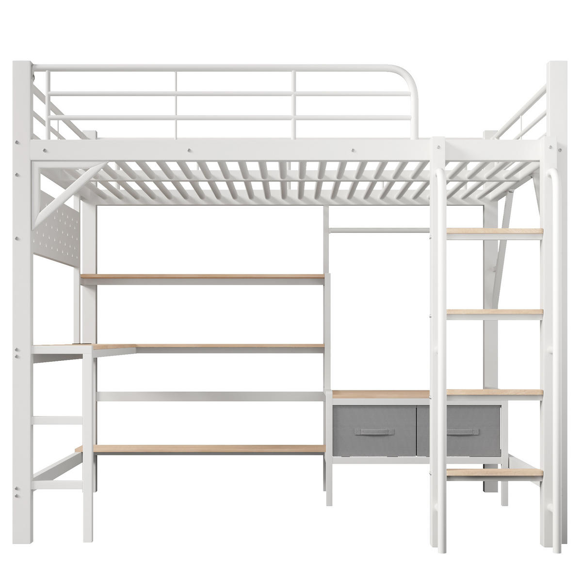 HOCHBETT 140x200cm, Eisen, Lochwand, Regale, Schubladen, Schreibtisch, USB, LED, Geländer, ohne Matratze, Weiß - Weiß, Holzwerkstoff (140/200cm)