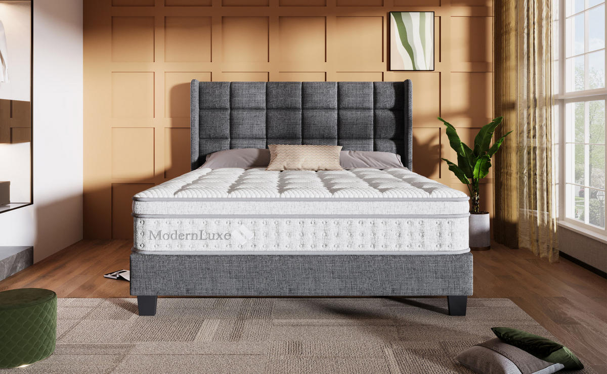 POLSTERBETT 140/200 cm grau aus Leinen mit LED, USB und Bettkasten - Grau, Textil (140/200cm) - OKWISH