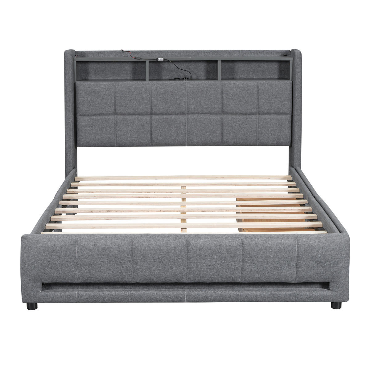 POLSTERBETT aus Leinen und MDF 140x200 cm Grau mit LED-Beleuchtung, USB-Anschluss und Schubladen - Grau, Textil (140/200cm) - IVMEU