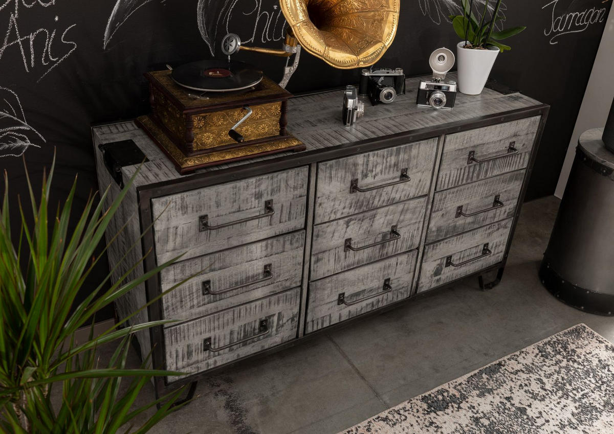SIDEBOARD Mango 150x45x80 grau lackiert HEAVY INDUSTRY #118 - Grau, Metall (150/80/45cm) - Massivmoebel24