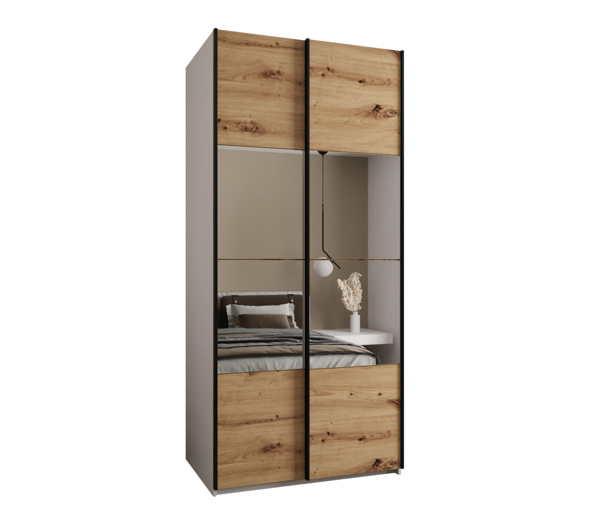Abiks Möbel Schwebetürenschrank Weiß, Eiche Artisan, Schwarz 120x245x64 cm