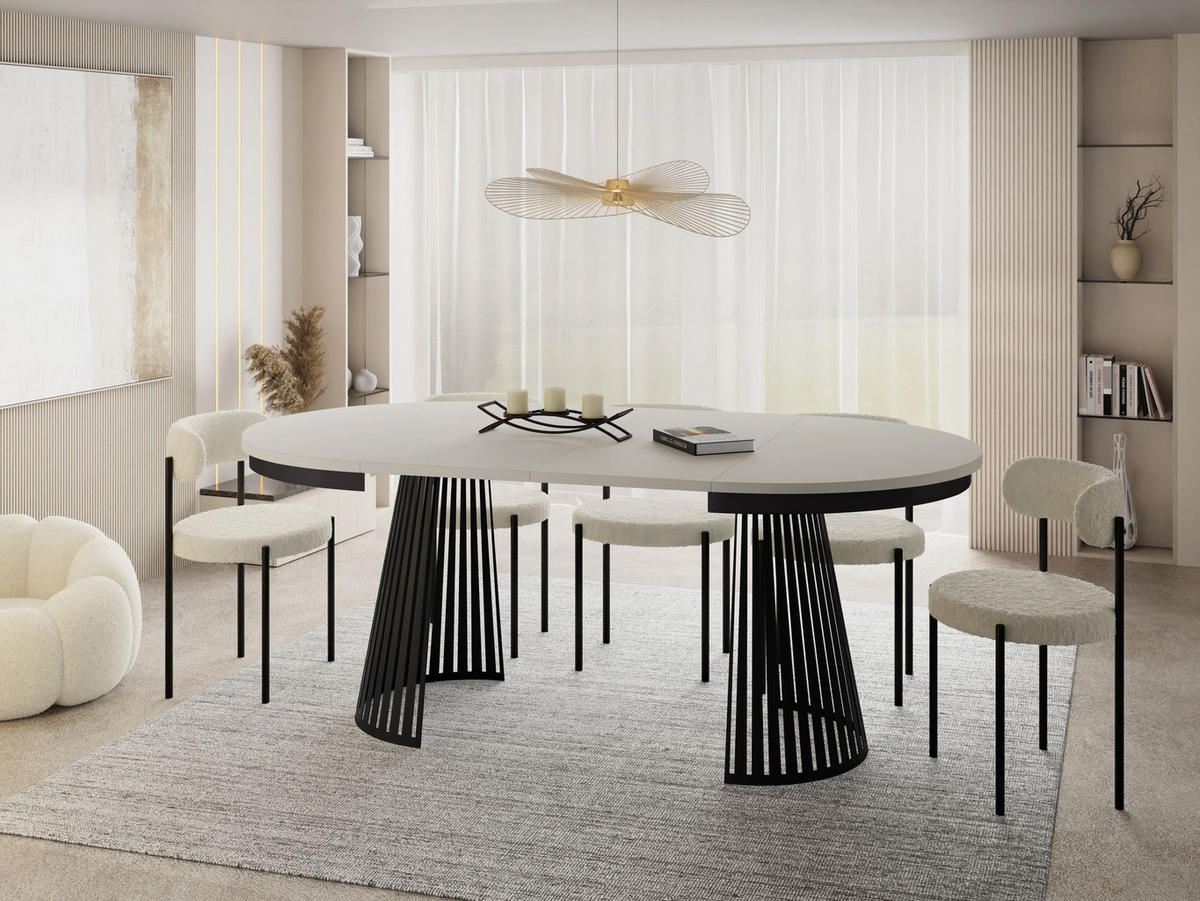 ESSTISCH Naro rund ausziehbar mit Schwarzem Lamellen-Metallgestell, Beige Kaschmir 100-180/100/76 cm - Kaschmir/Schwarz, Holzwerkstoff/Metall (100/100/76cm) - WFL GROUP