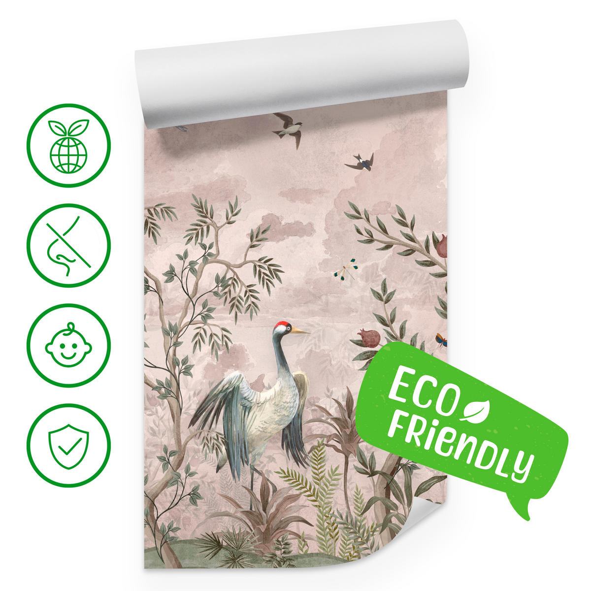 FOTOTAPETE für Schlafzimmer Kraniche Bäume Tropische Blumen Büsche 500x350 - Beige/Rot, Papier (500/350cm) - Muralo