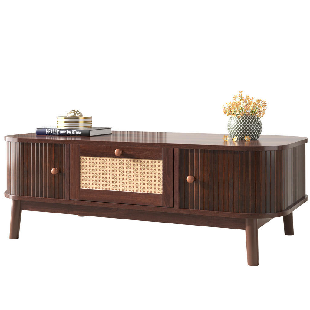 Modfu KONFERENČNÍ stolek z MDF 110x55x38,5 cm přírodní s ratanovým dekorem a zásuvkami, s posuvnými dvířky