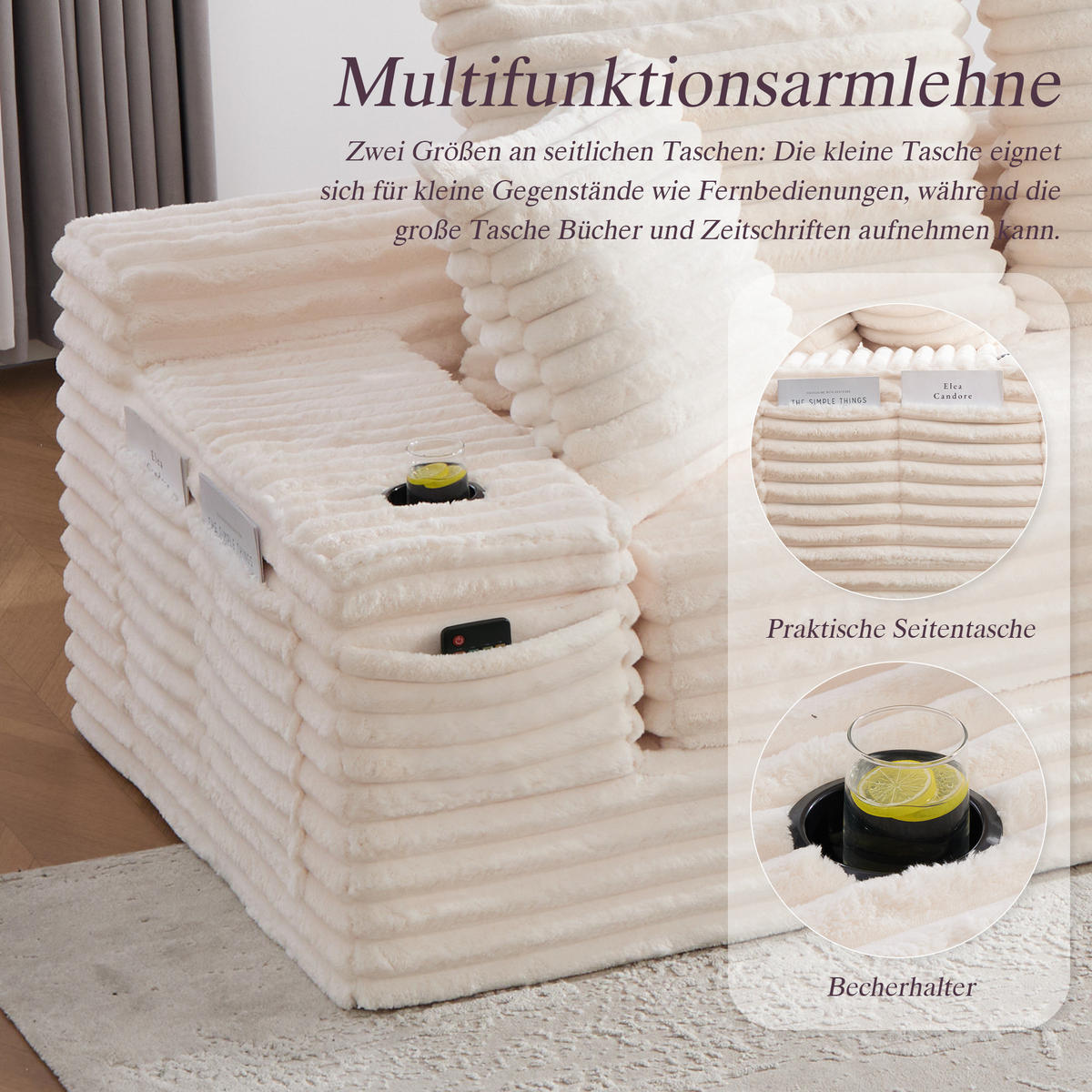 SCHLAFSOFA aus Cord mit Getränkehaltern und Kissen, Beige - Beige, Textil (107.48/34.25/38.58cm)