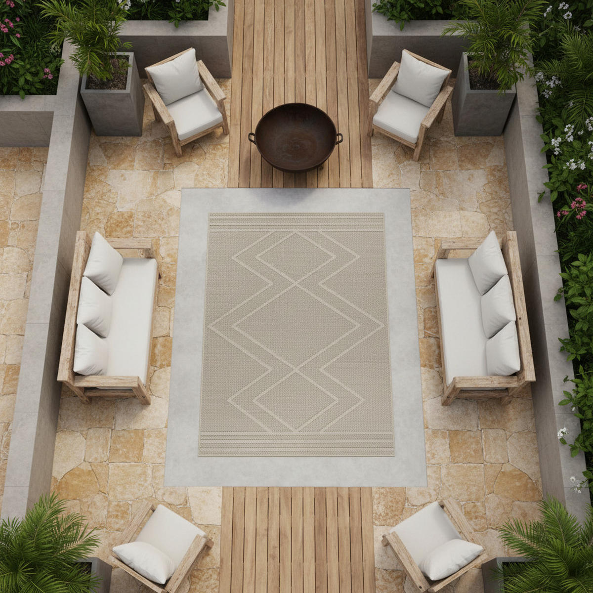 TEPPICH Outdoor Flachgewebe Boho-Muster Polypropylen Küche Beige Rechteckig 240x340 - Beige, Textil (240/340cm) - KADIMA DESIGN