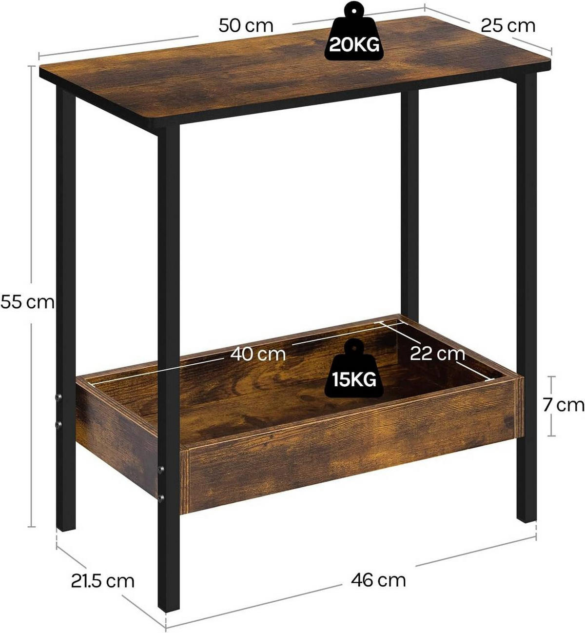BEISTELLTISCH mit Ablage, Vintagebraun - Dunkelbraun/Schwarz, Holzwerkstoff/Metall (25/50/55cm) - Woltu
