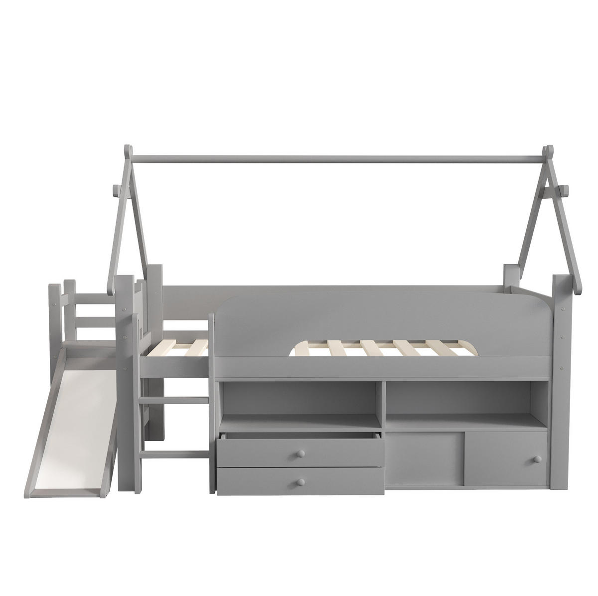 HOCHBETT 90/200 cm mit Rutsche, Dachrahmen, Stauraum und Sicherheitsgeländer, Grau - Grau, Holzwerkstoff (90/200cm) - Redom