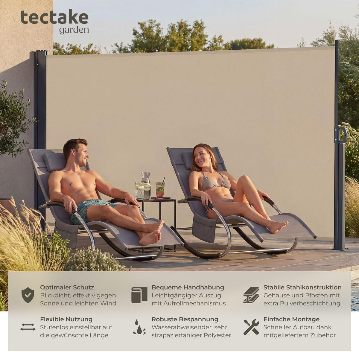 SEITENMARKISE , ausziehbar, mit Aufrollmechanismus, beige - Beige, Kunststoff (300/180/9cm) - tectake