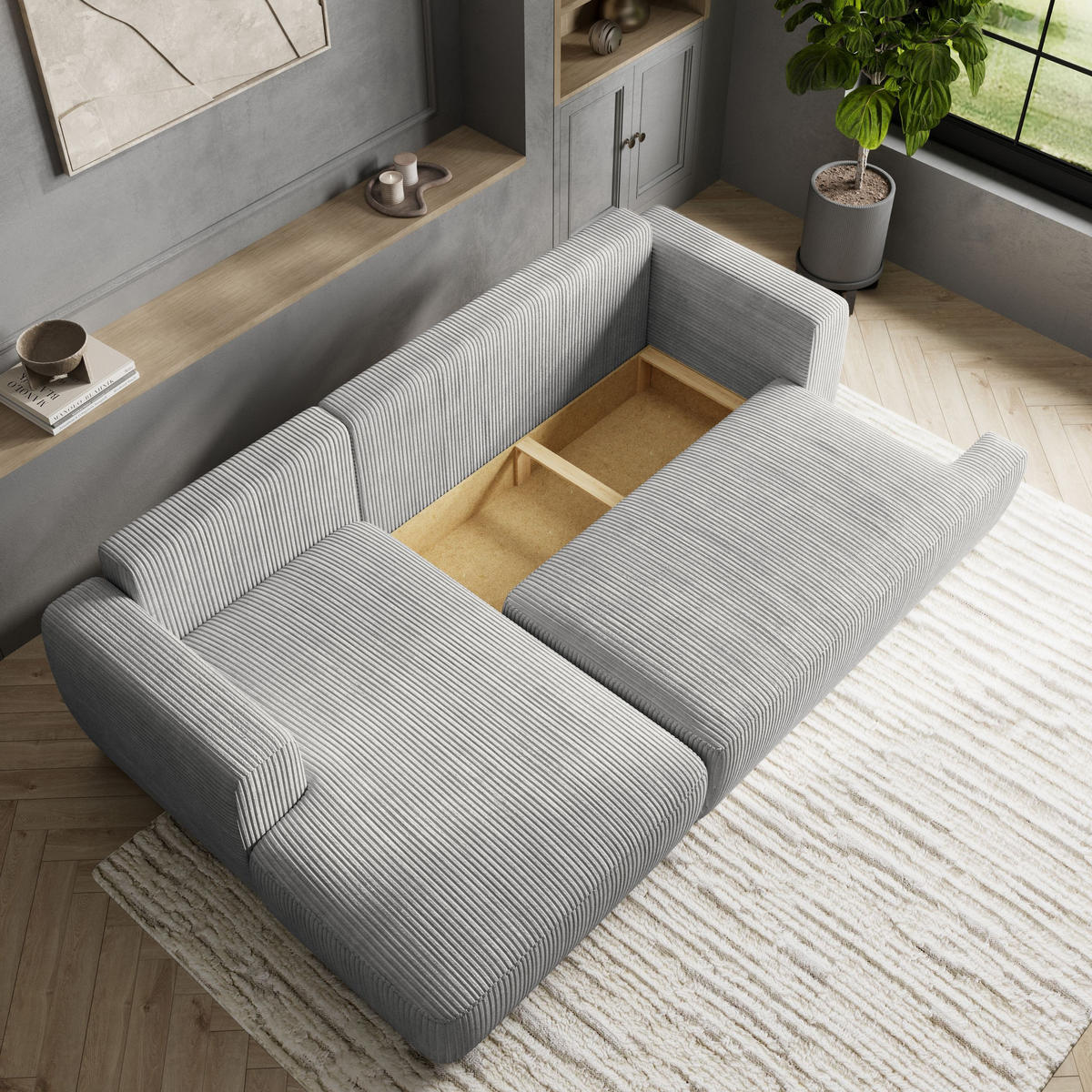 ECKSOFA SENTI P L-S Hellgrau Kordstoff mit Schlaffunktion - Hellgrau, Holz (246/148cm) - MASSENO