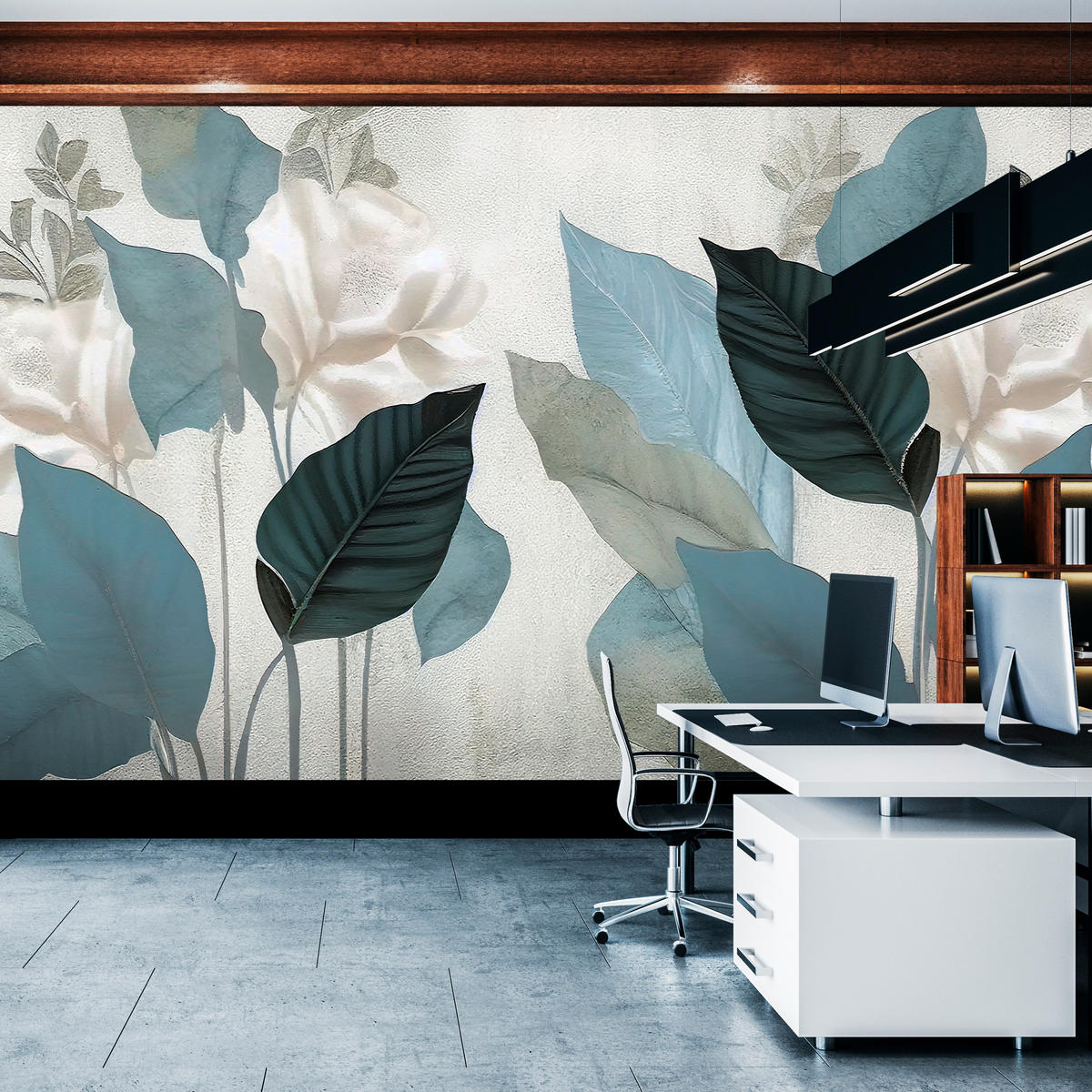 FOTOTAPETA Pre Obývaciu Izbu Modré Listy Betón Vintage Minimalistická 400 x 280 cm - sivá, papier (400/280cm) - Muralo