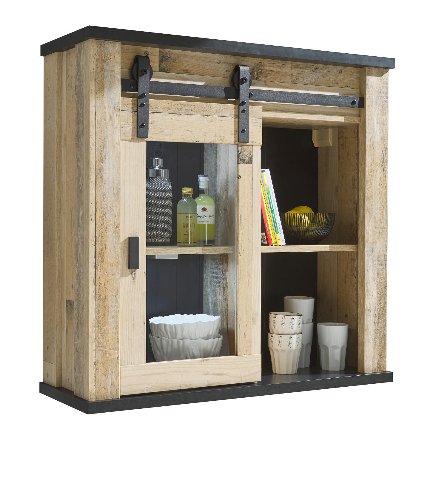 HÄNGESCHRANK Used Wood hell, anthrazit 93 cm Vintage, Küchenschrank mit Schiebetür - Anthrazit/Schwarz, Glas/Holzwerkstoff (93/90/31cm) - Furn.Design