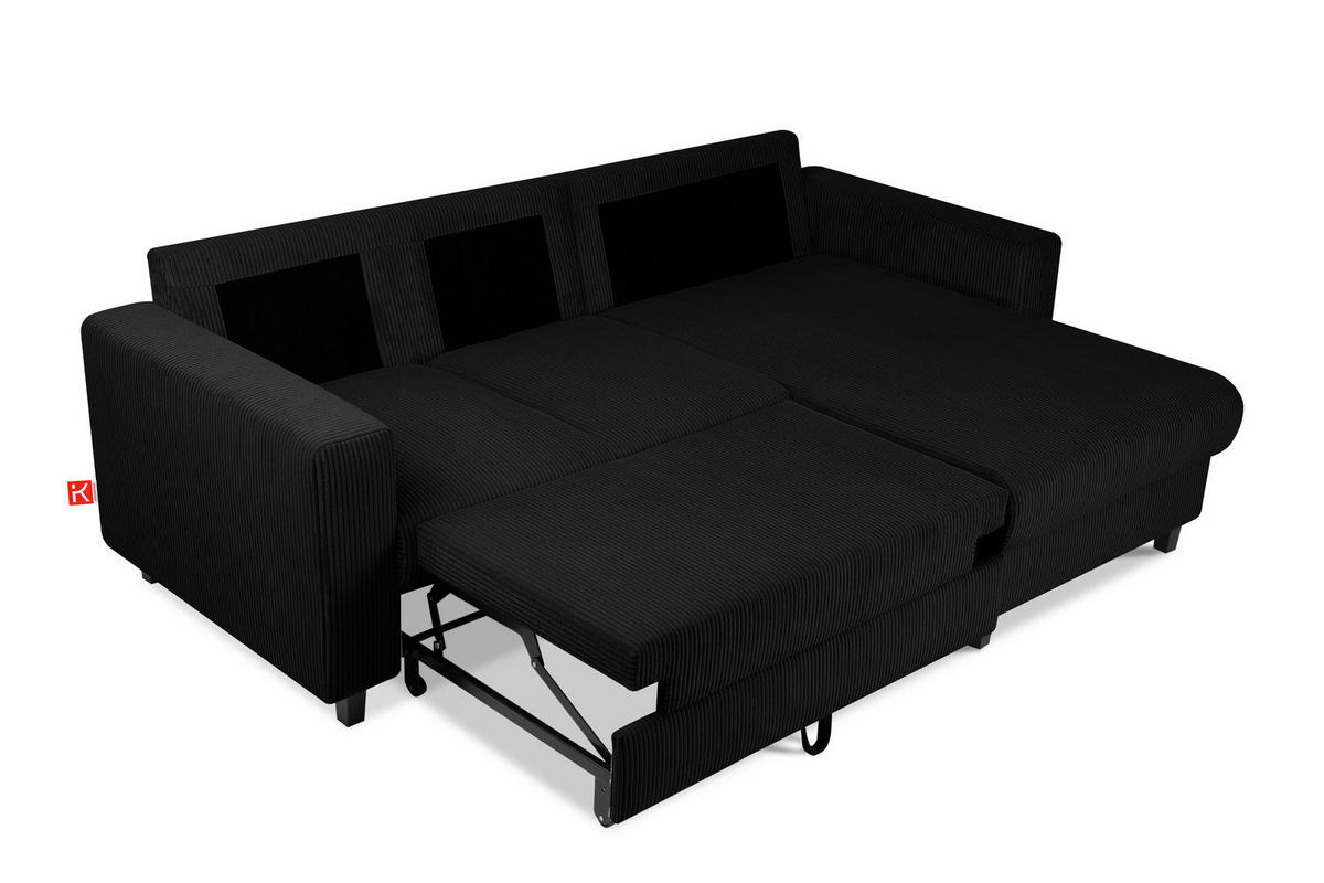 ECKSCHLAFSOFA EGRET Rechts mit Bettkasten, Cord-Stoff, schwarz - Schwarz, Textil (234/90cm) - KONSIMO®