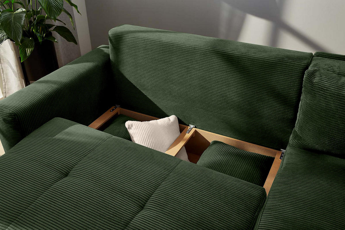 ECKSOFA-DAUERSCHLÄFER Boxspring Federkern Topper Bettkasten, seitenverkehrt montierbar B257/T206/H85 cm, Cord Grün / 15213 - Eichefarben/Grün, Holz/Textil (257/206cm) - luma-home