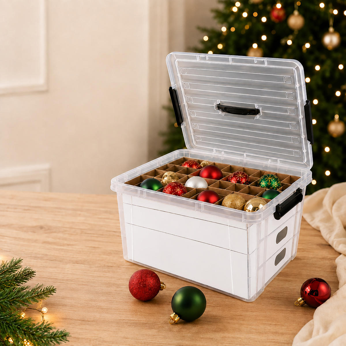 WEIHNACHTSKUGELBOX Transparent Kunststoff 40 L mit Einsätzen - Transparent, Wellpappe/Kunststoff (51/24.5/38.5cm) - Relaxdays