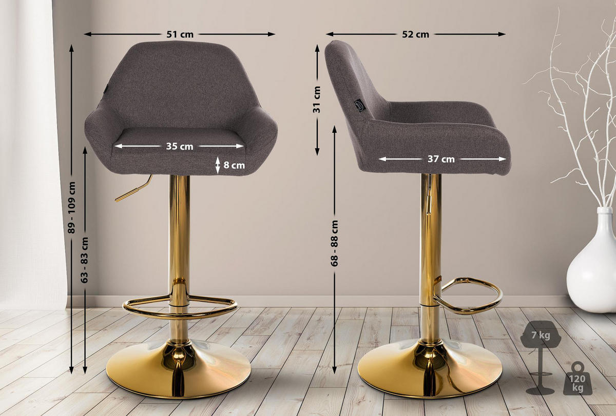 BARHOCKER 2er Set Prag Gold Stoff dunkelgrau - Dunkelgrau/Goldfarben, Textil/Metall (51/109/52cm) - TPFLiving