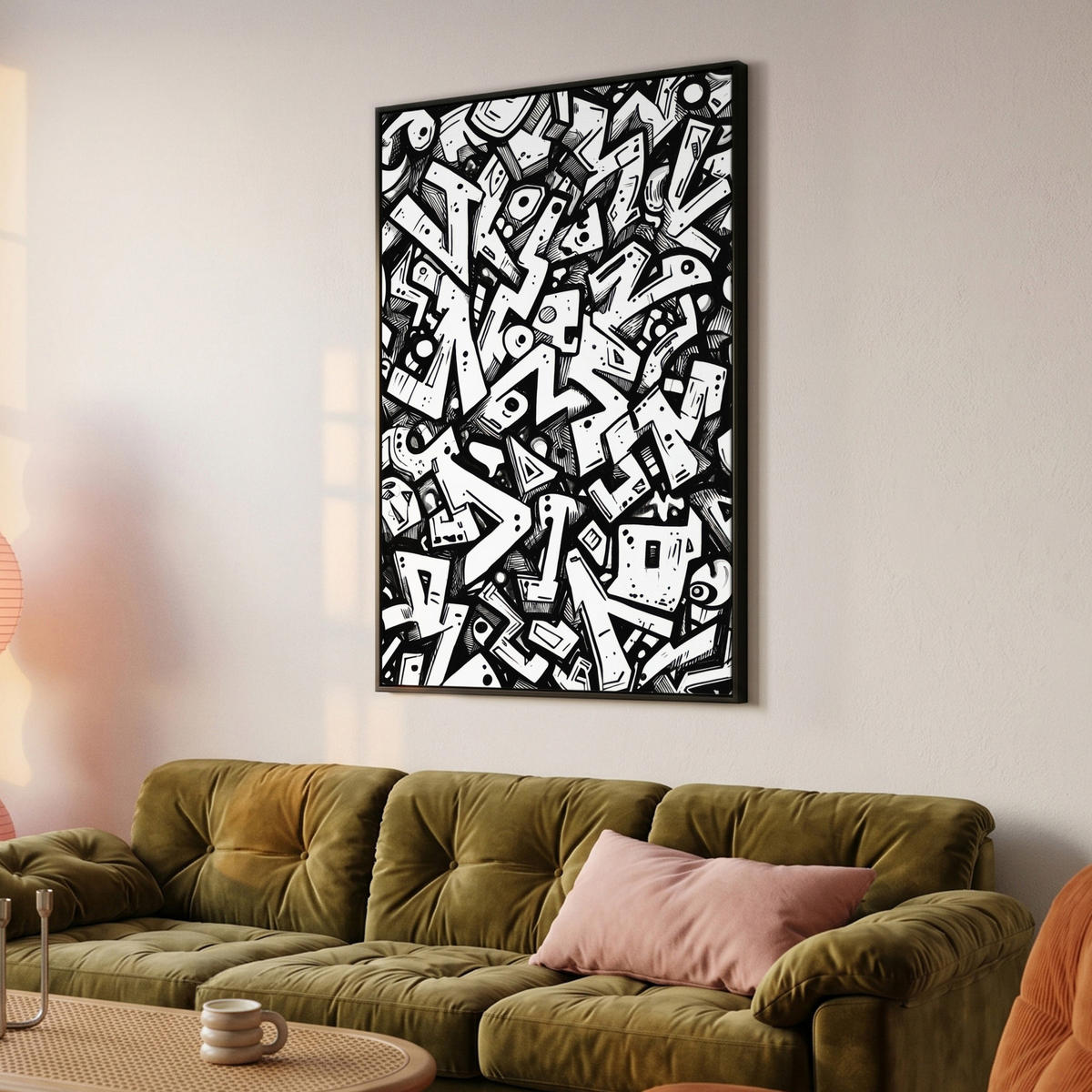 LEINWAND Bilder mit Rahmen - Formen - Buchstaben - Graffiti - Schwarz - 80x120 - Schwarz, Textil (80/120cm) - MuchoWow