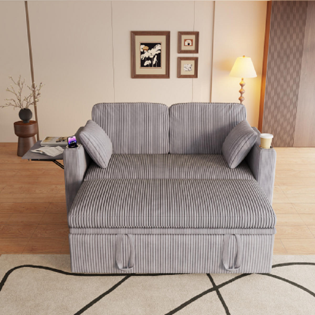 2-SITZER SCHLAFSOFA Cord Grau mit Bettkasten, USB und Type-C - Grau, Textil (145/85.5/132cm) - WISHDOR