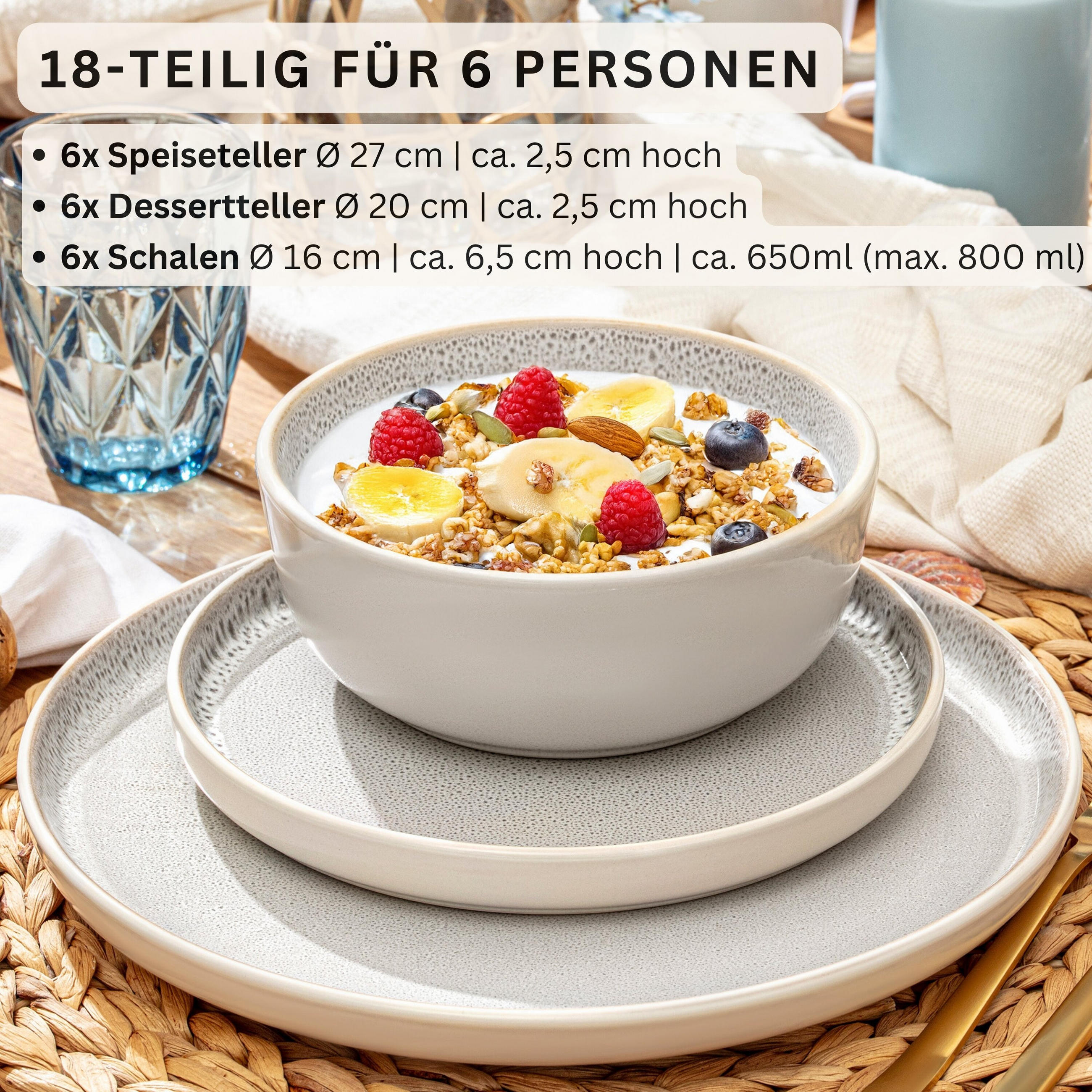 TAFELSERVICE KRETA - 18 teilig aus Steingut - Creme, Stein (27/6.5/27cm) - Sänger