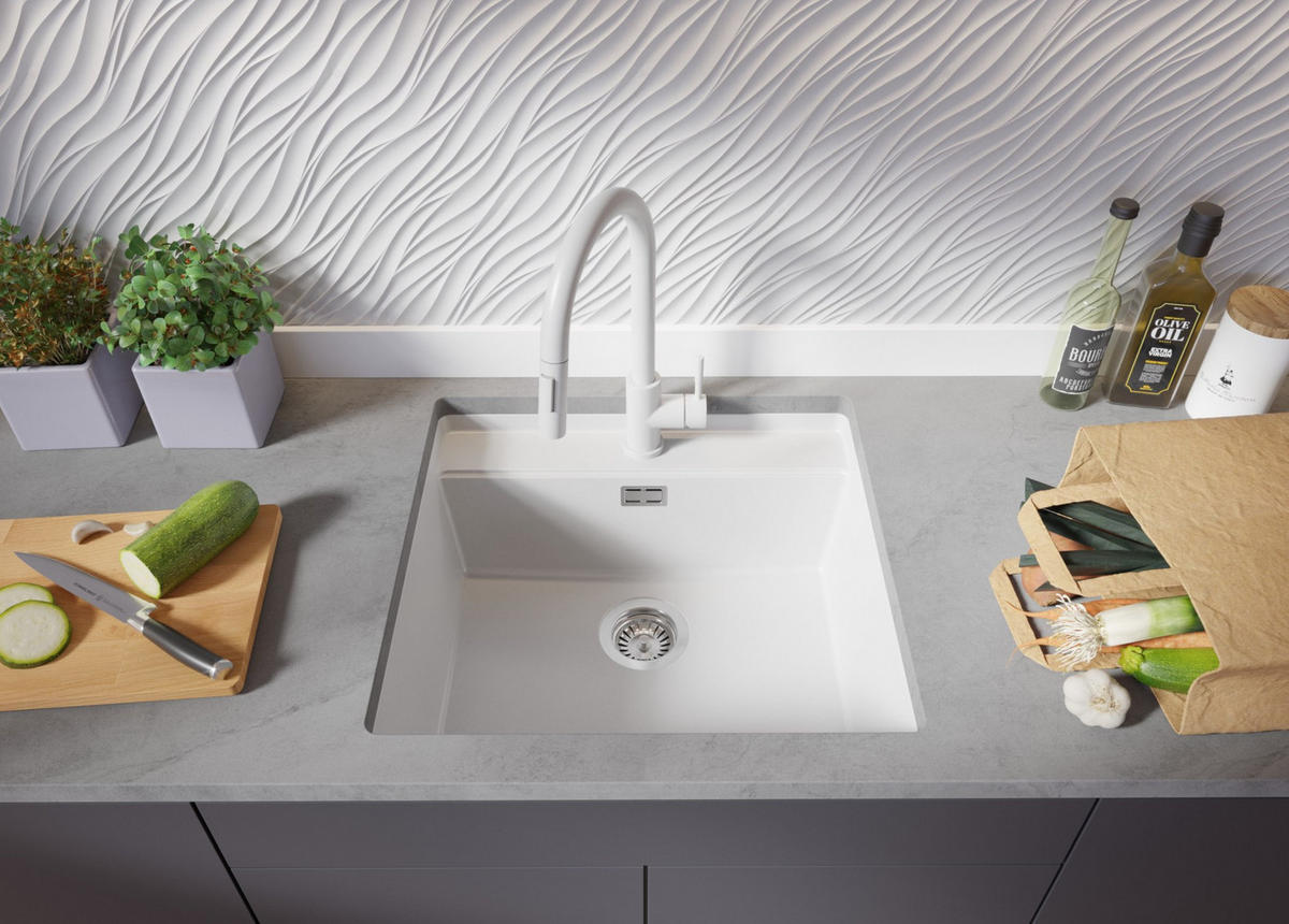 UNTERBAUSPÜLE GRANIT Bergen, 2-er set Weiß 56/53 cm 1 Becken + Küchenarmatur 40/20 cm + Ablauf-Set + Schneidebrett ab 60er Unterschrank - Chromfarben/Beige, Kunststoff (56/20/53cm) - Primagran