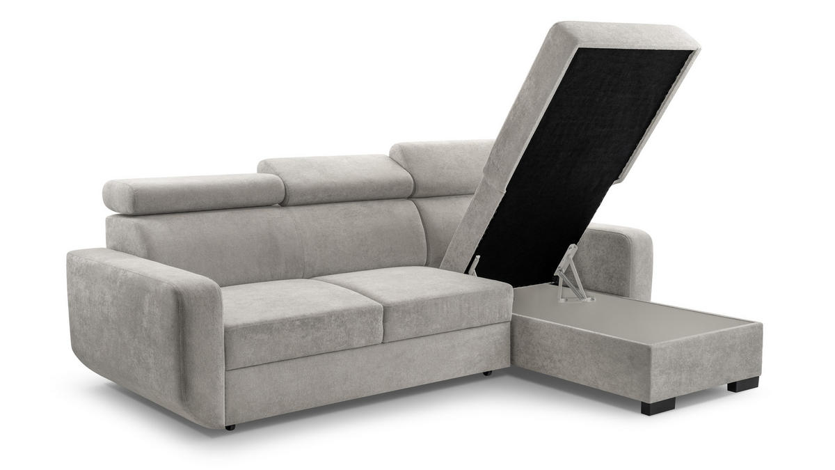 ECKSOFA CASTELLO Grau Plüsch-Stoff mit Schlaffunktion - Grau, Holz (236/165cm) - MASSENO