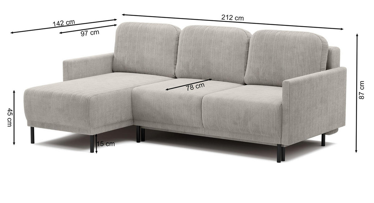 ECKSOFA Hamiel Hellbeige Cordbezug - Ecru/Schwarz, Holz/Textil (212/142cm) - Selsey