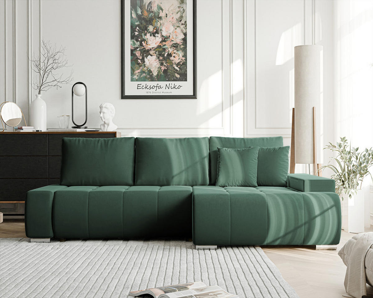 ECKSOFA NIKO Rechts, mit Schlaffunktion und Bettkasten, Grün - Grün, Textil (227/153cm) - Idohome